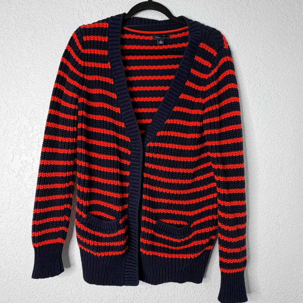 Tommy Hilfiger Womens Striped Chunky Knit Open Front Cardigan Navy Orange Size M
